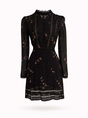 Reformation Black Floral Lace-Trim Long Sleeve Dress Sz 0